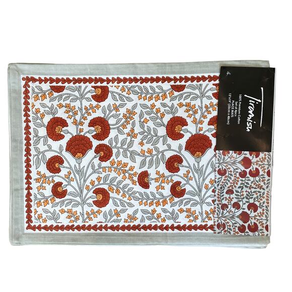 TIRAMISU Floral Block Printed Cotton 13x19 Placemats Set of 4 Orange | Sage NEW - Picture 5 of 5